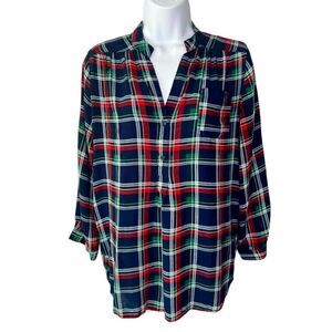 Market & Spruce Women’s M 1/4 Button Front V Neck Plaid Top